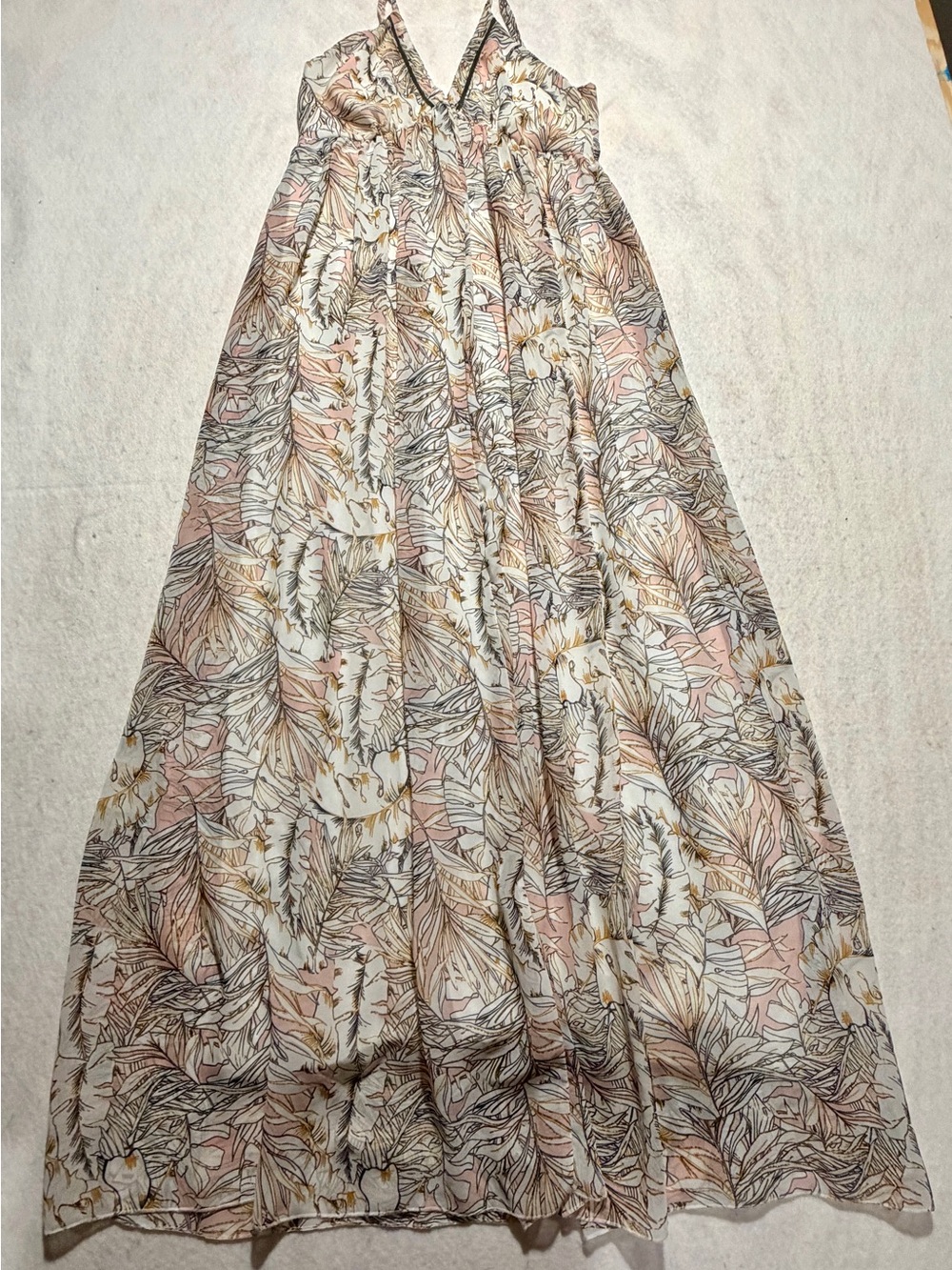 Beulah Style Tropical Palm Leaf Floral Halter Maxi Dress V-Neck Size S EUC